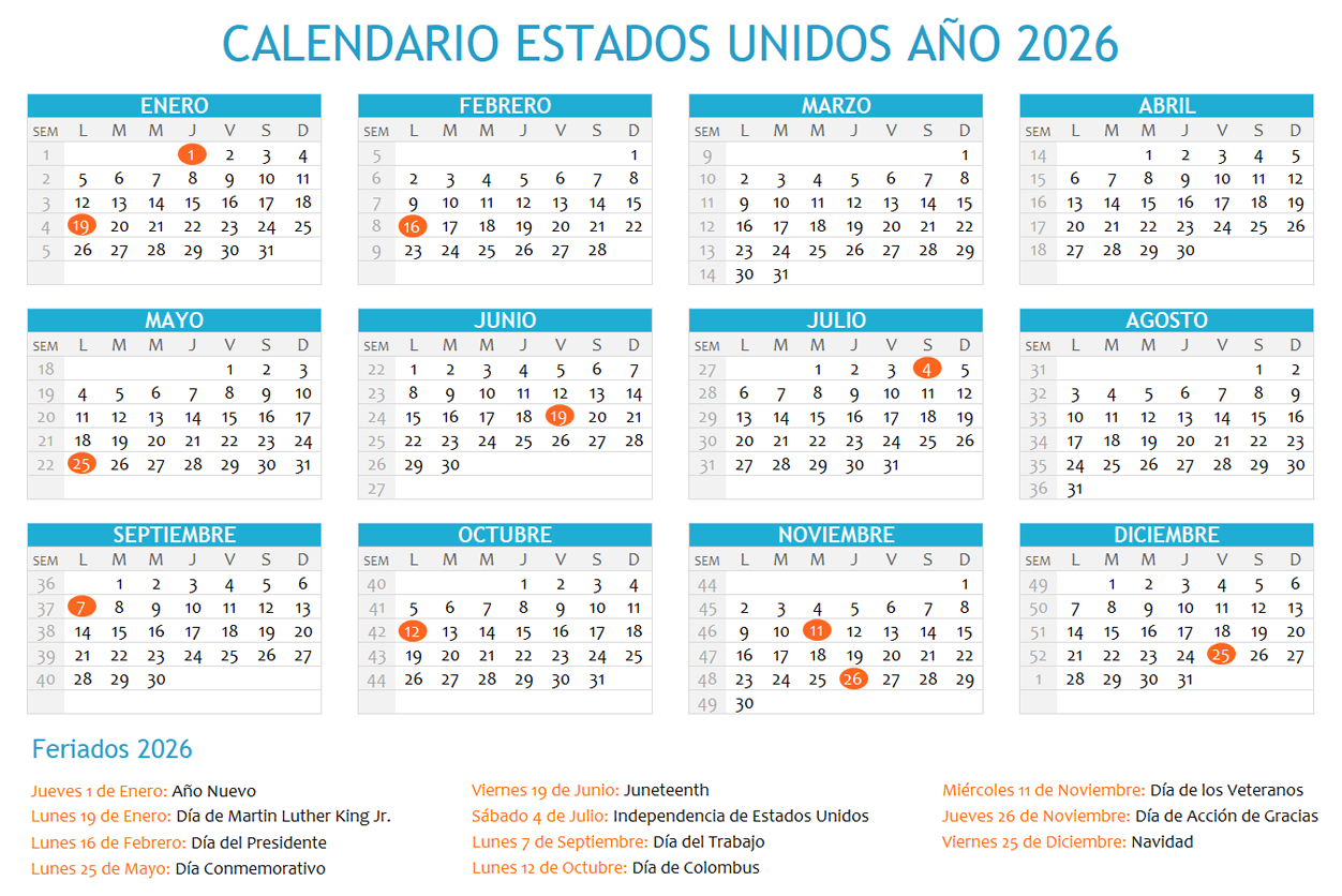 Calendario Estados Unidos 2026 con días festivos para imprimir