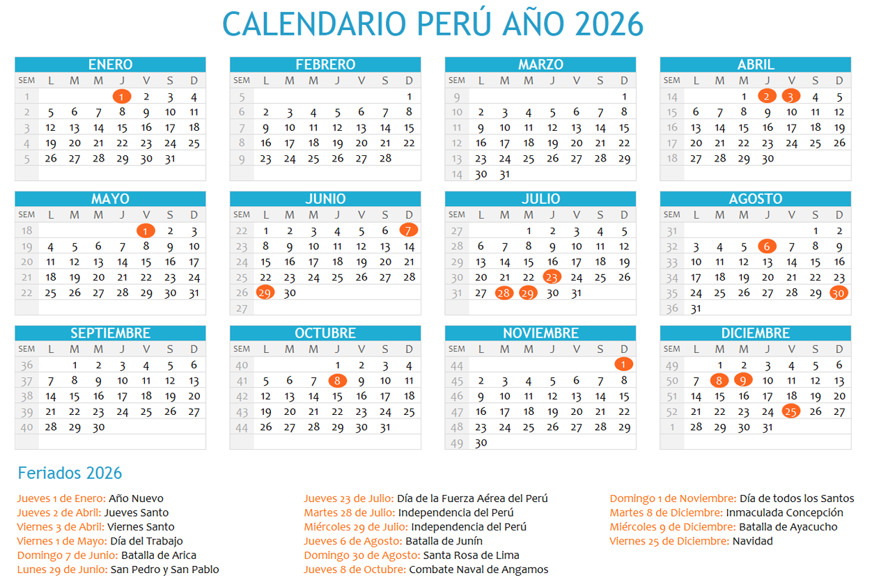 Calendario Perú 2026 con feriados para imprimir