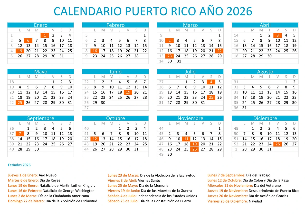 Calendario Puerto Rico 2026 con días festivos para imprimir