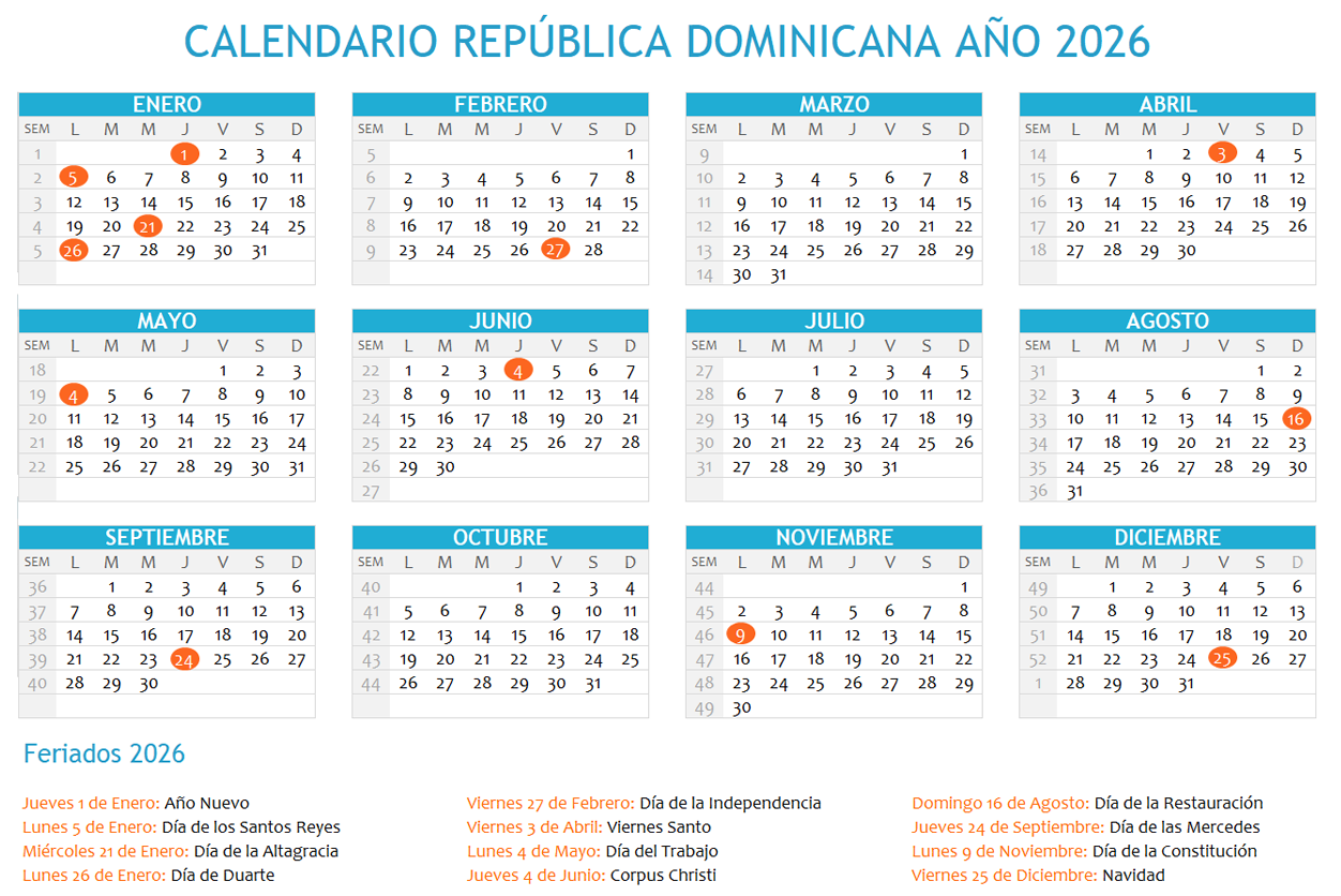 Calendario República Dominicana 2026 con días festivos para imprimir