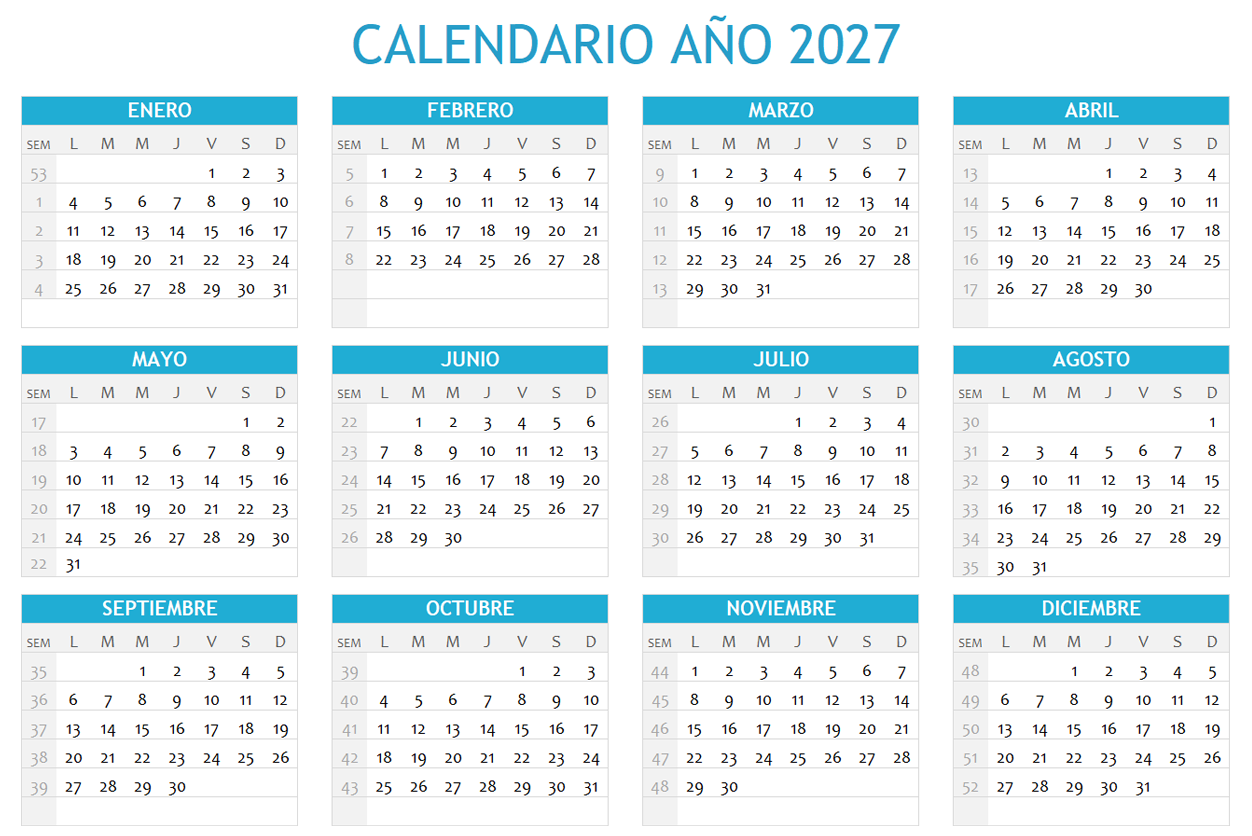 Calendario 2027 horizontal en una sola hoja para imprimir