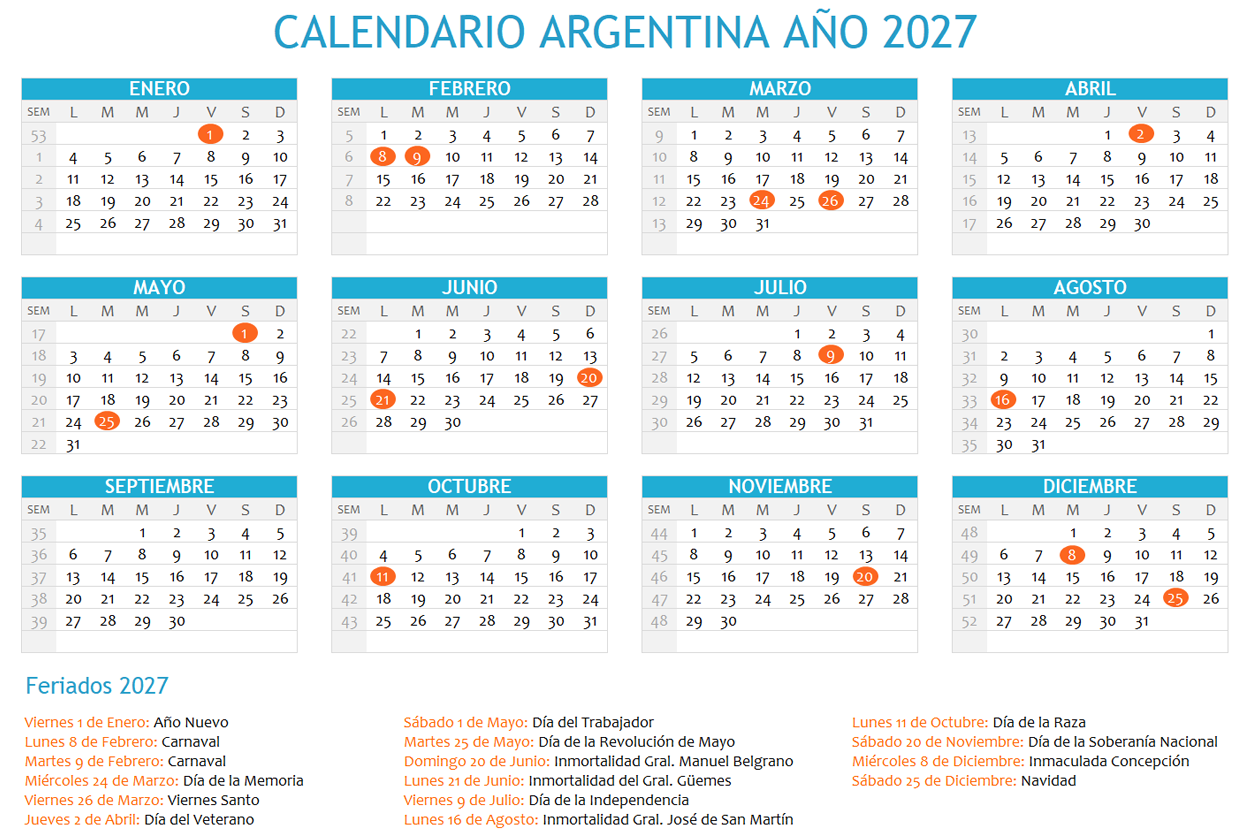 Calendario Argentina 2027 con feriados para imprimir