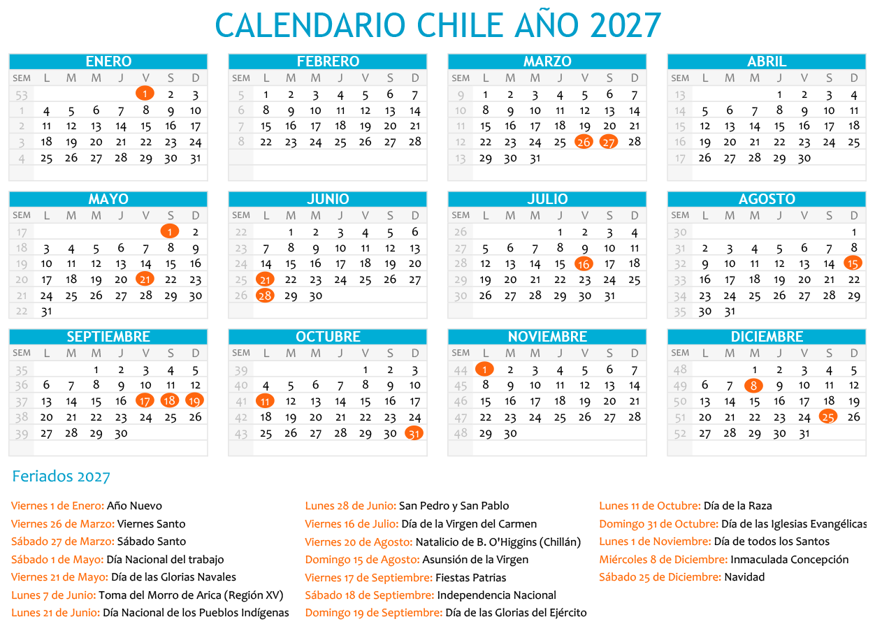 Calendario Chile 2027 con feriados para imprimir