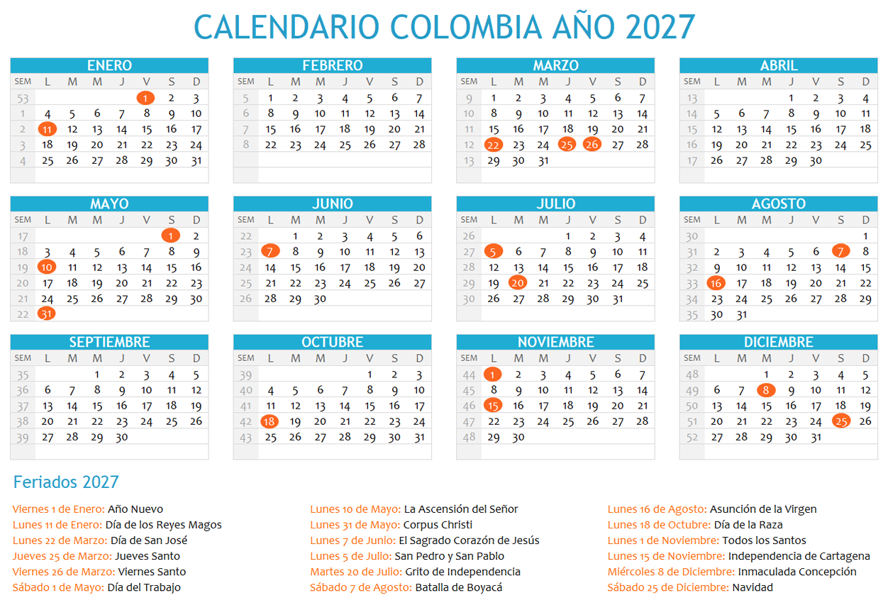 Calendario Colombia 2027 con feriados para imprimir