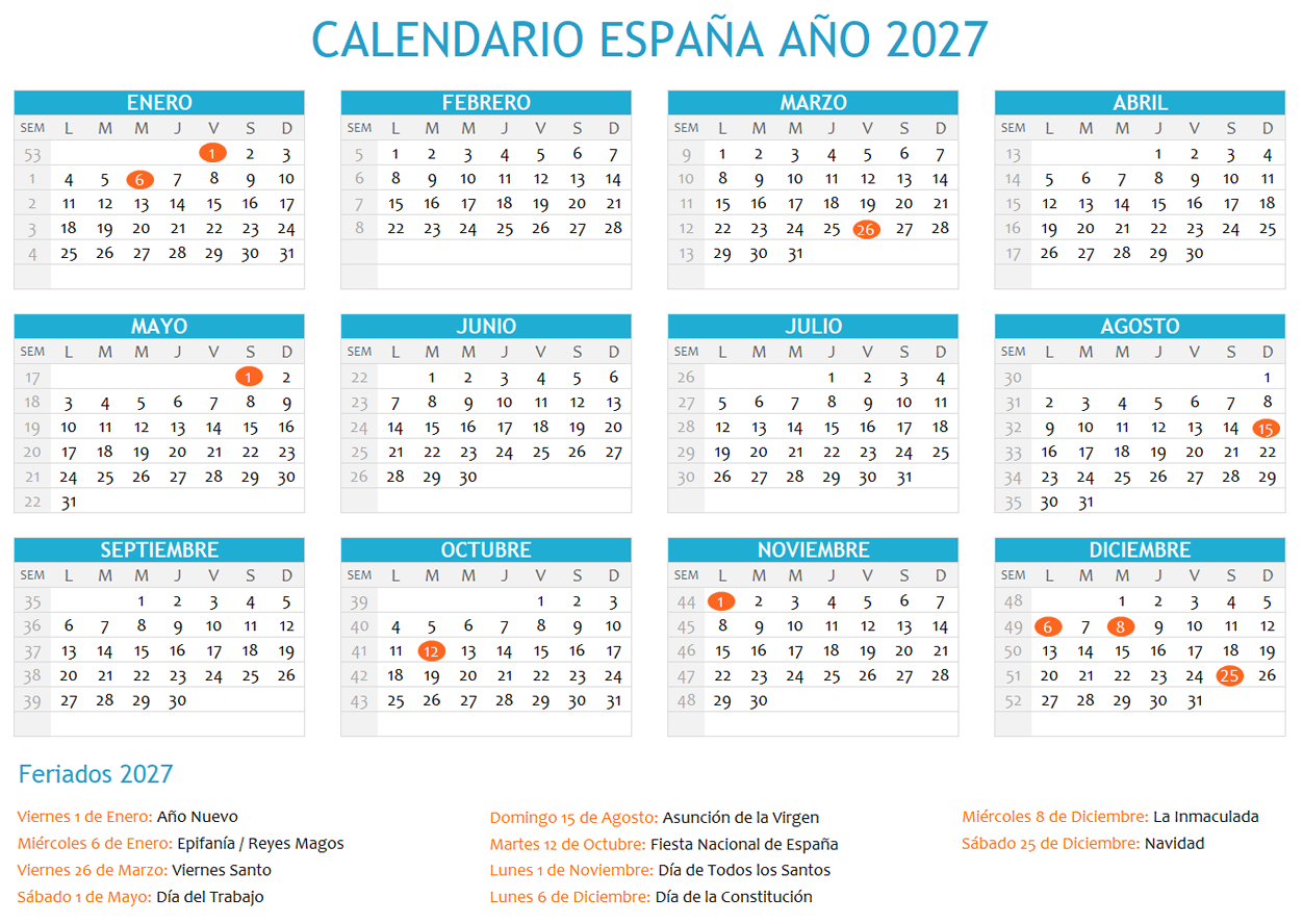 Calendario España 2027 con festivos para imprimir