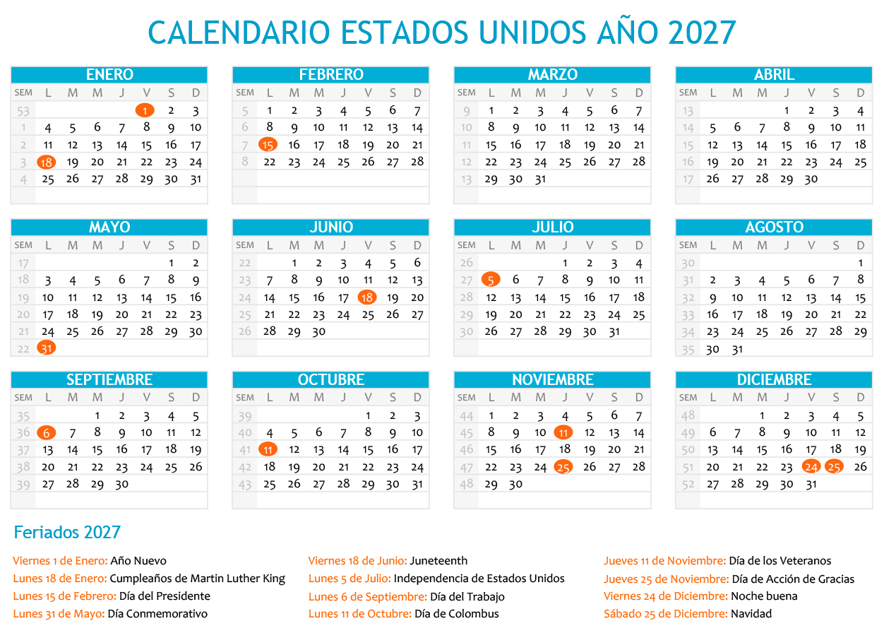 Calendario Estados Unidos 2027 horizontal en una sola hoja para imprimir Calendario Estados Unidos 2027 con días festivos para imprimir