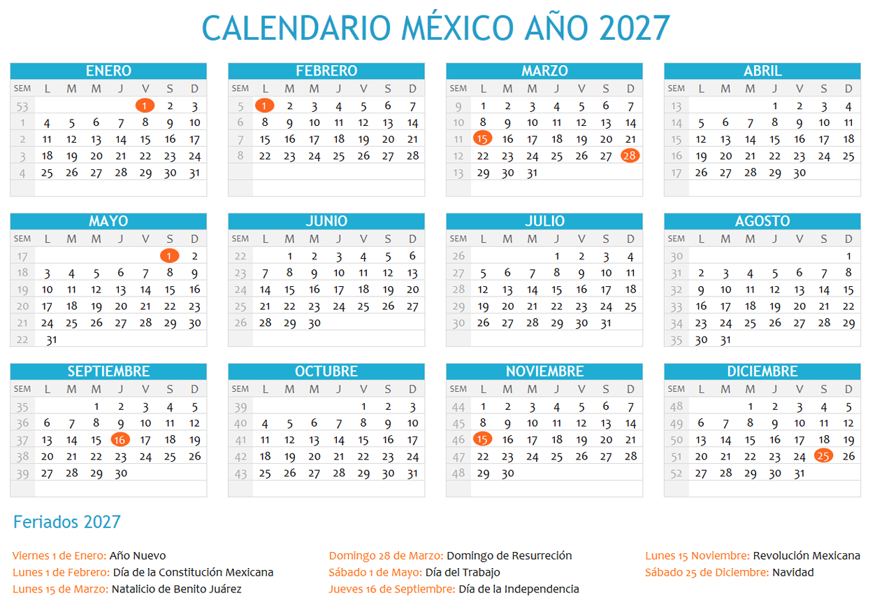 Calendario México 2027 con días festivos para imprimir