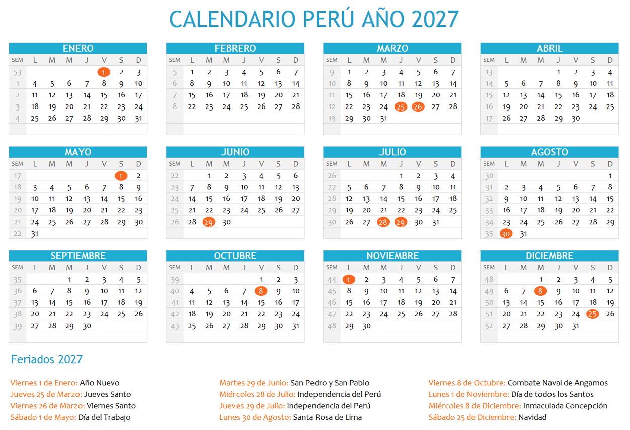 Calendario Perú 2027 con feriados para imprimir