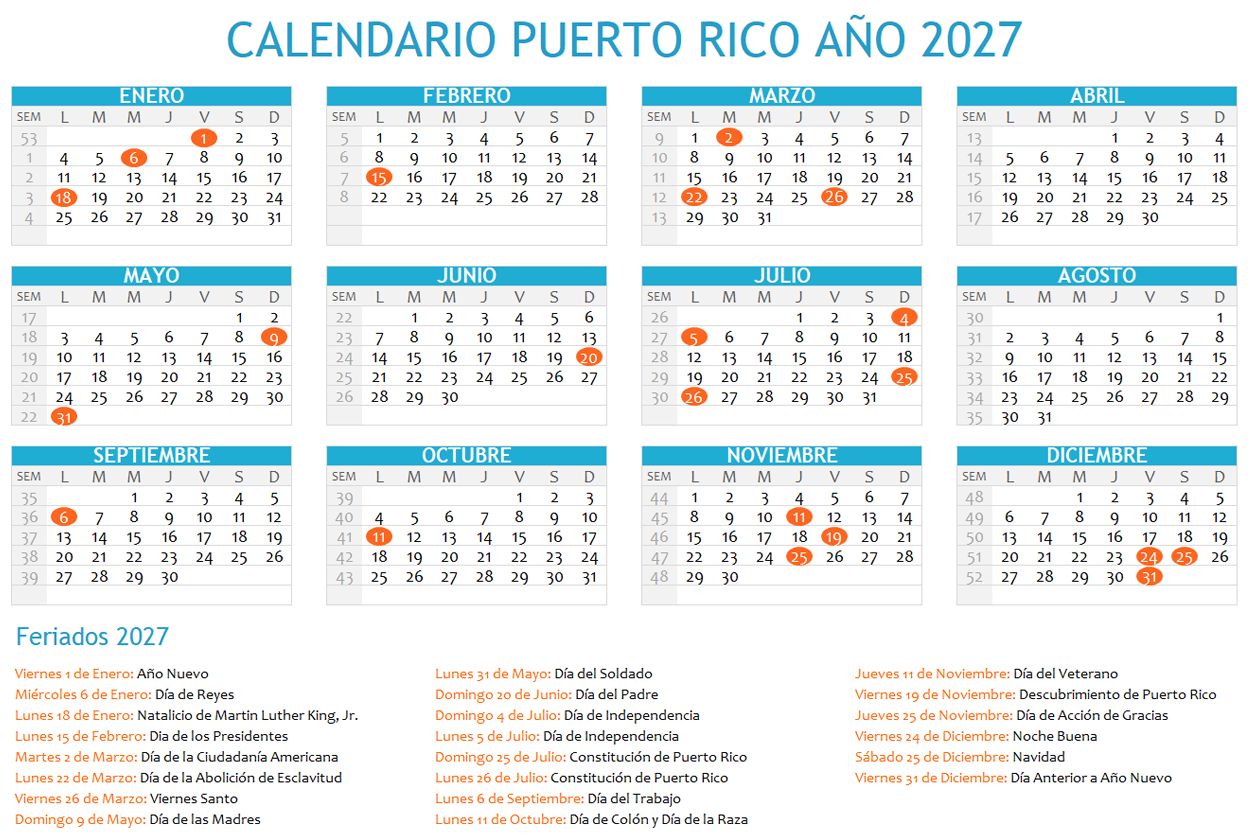 Calendario Puerto Rico 2027 con días festivos para imprimir