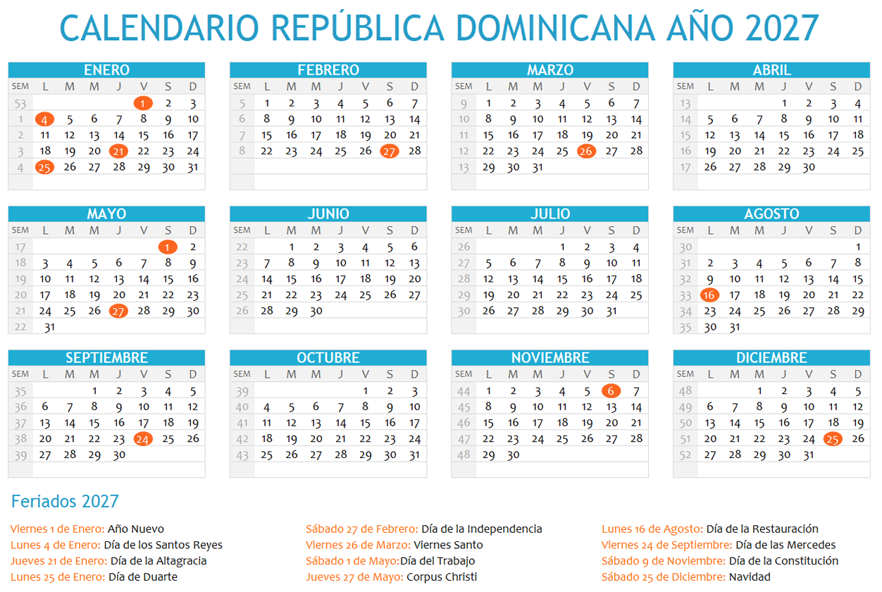 Calendario República Dominicana 2027 con días festivos para imprimir