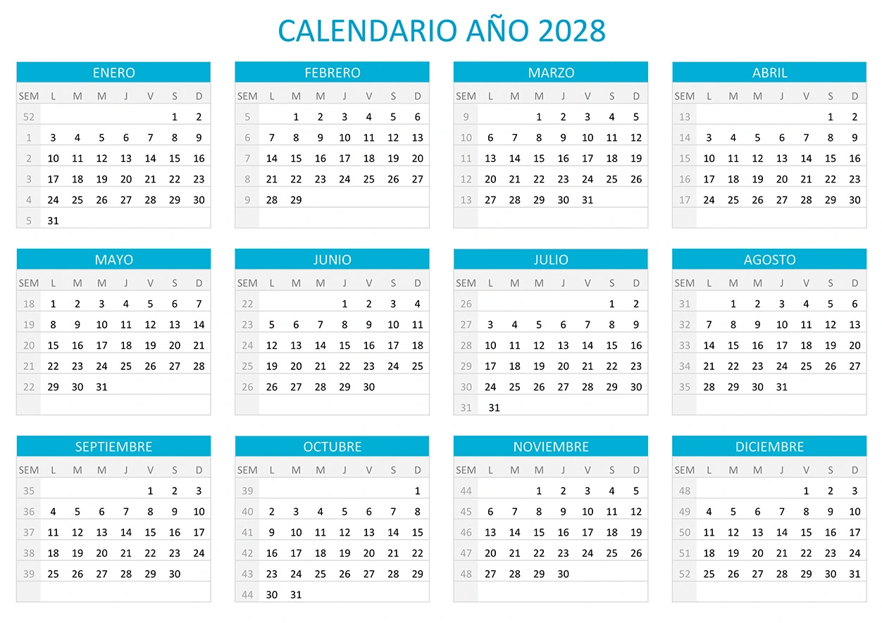 Calendario 2028 horizontal en una sola hoja para imprimir