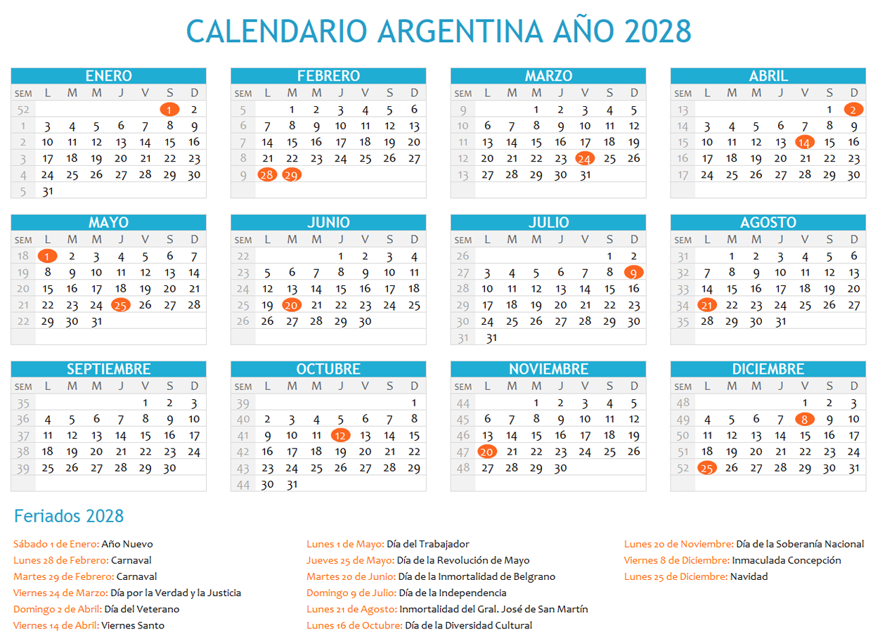 Calendario Argentina 2028 horizontal en una sola hoja para imprimir Calendario Argentina 2028 con feriados para imprimir