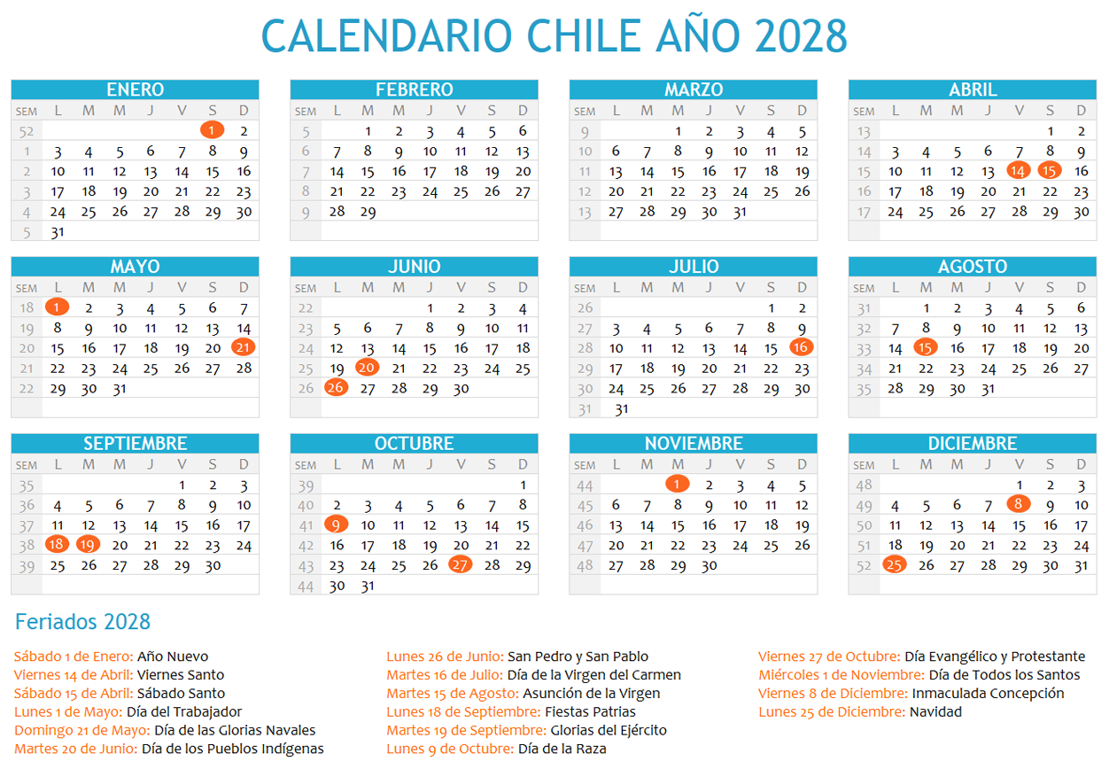 Calendario Chile 2028 con feriados para imprimir