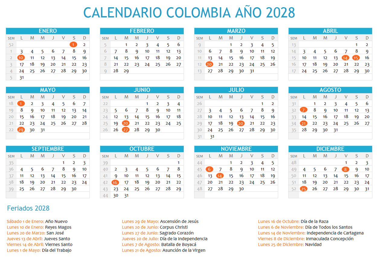 Calendario Colombia 2028 con feriados para imprimir