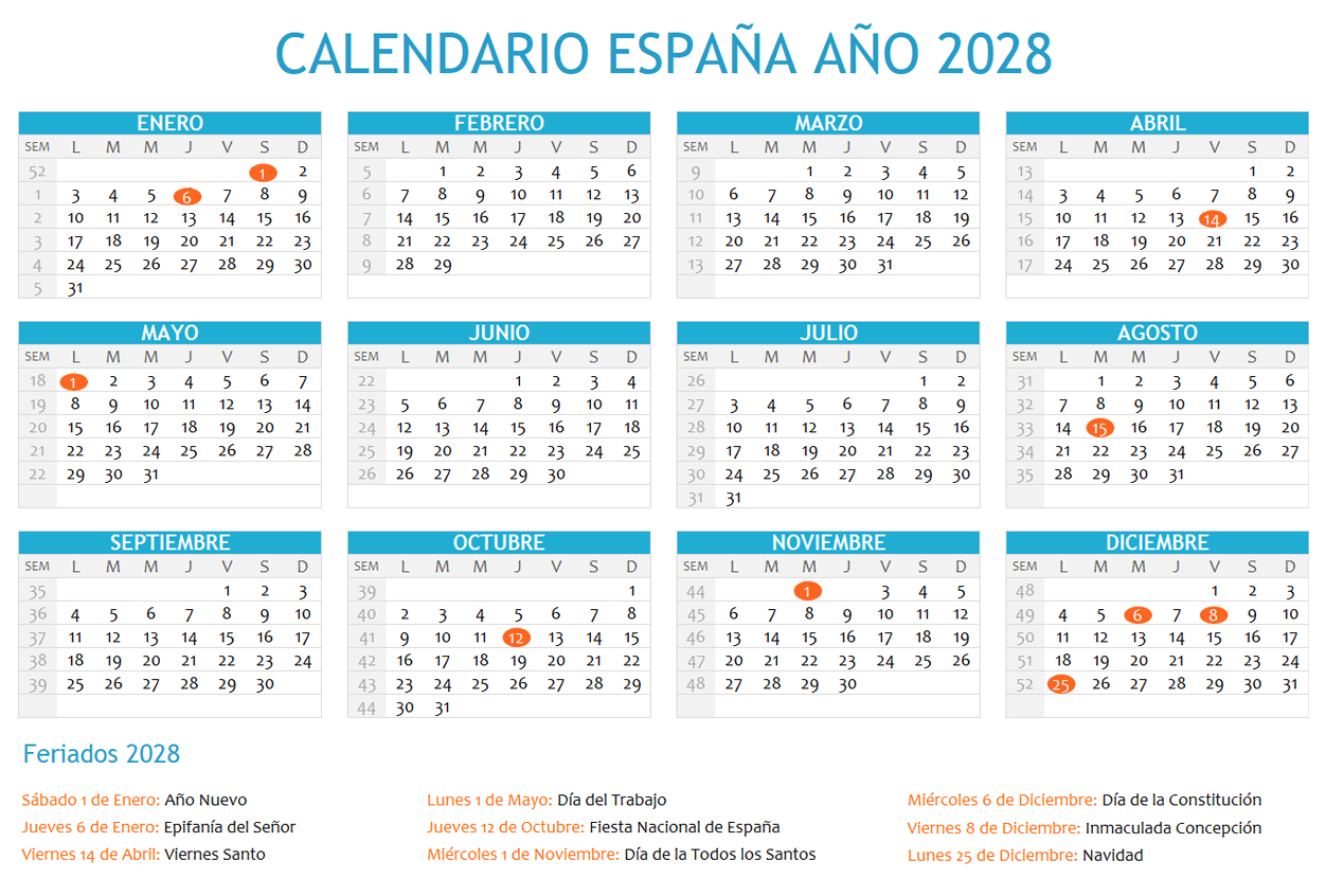 Calendario España 2028 con festivos para imprimir