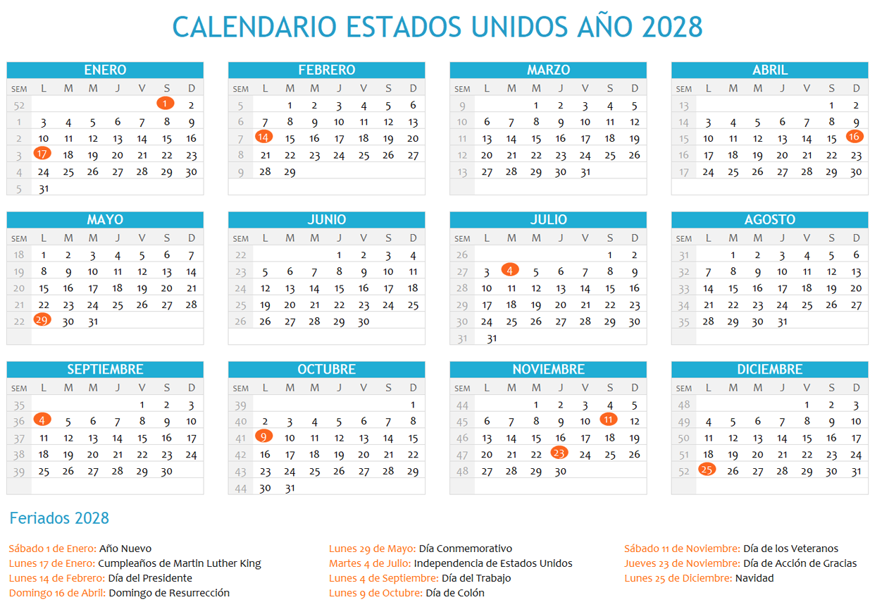 Calendario Estados Unidos 2028 horizontal en una sola hoja para imprimir Calendario Estados Unidos 2028 con días festivos para imprimir