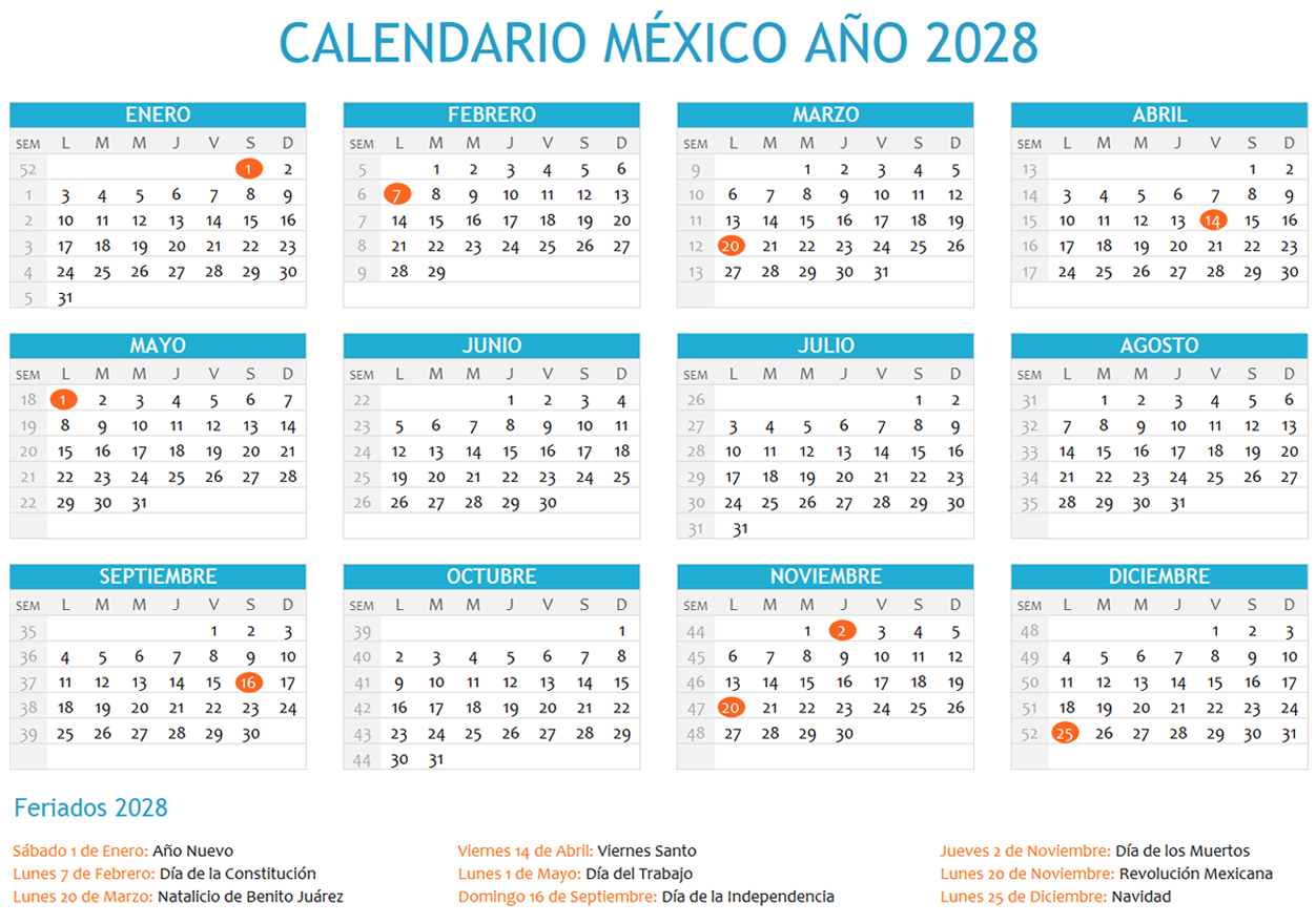 Calendario México 2028 horizontal en una sola hoja para imprimir Calendario México 2028 con días festivos para imprimir