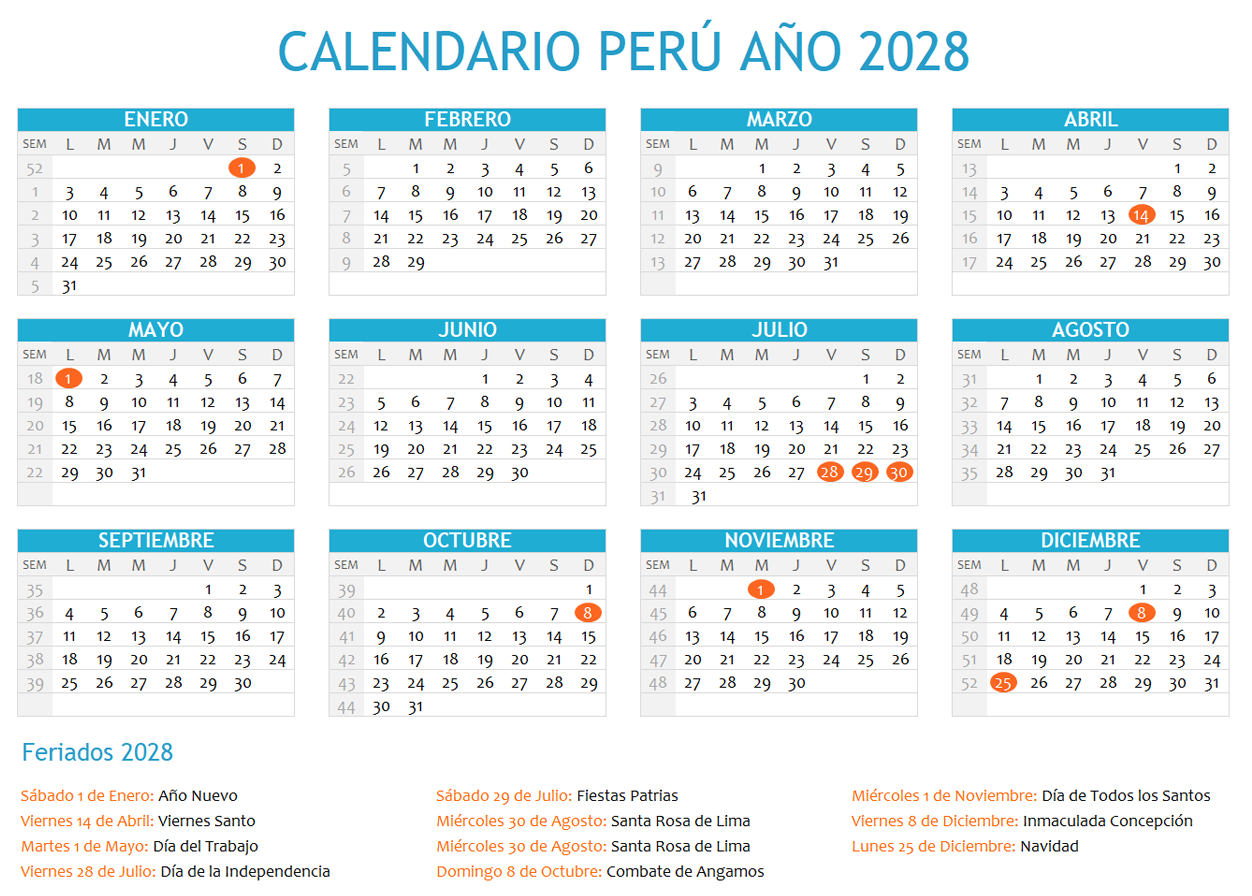 Calendario Perú 2028 con feriados para imprimir