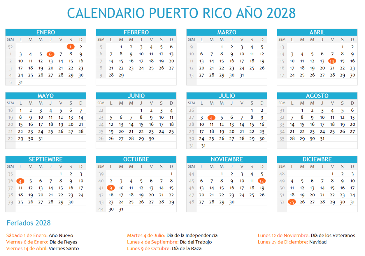 Calendario Puerto Rico 2028 con días festivos para imprimir