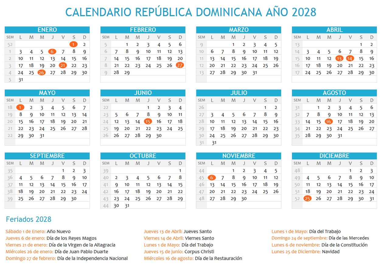 Calendario República Dominicana 2028 horizontal en una sola hoja para imprimir Calendario República Dominicana 2028 con días festivos para imprimir