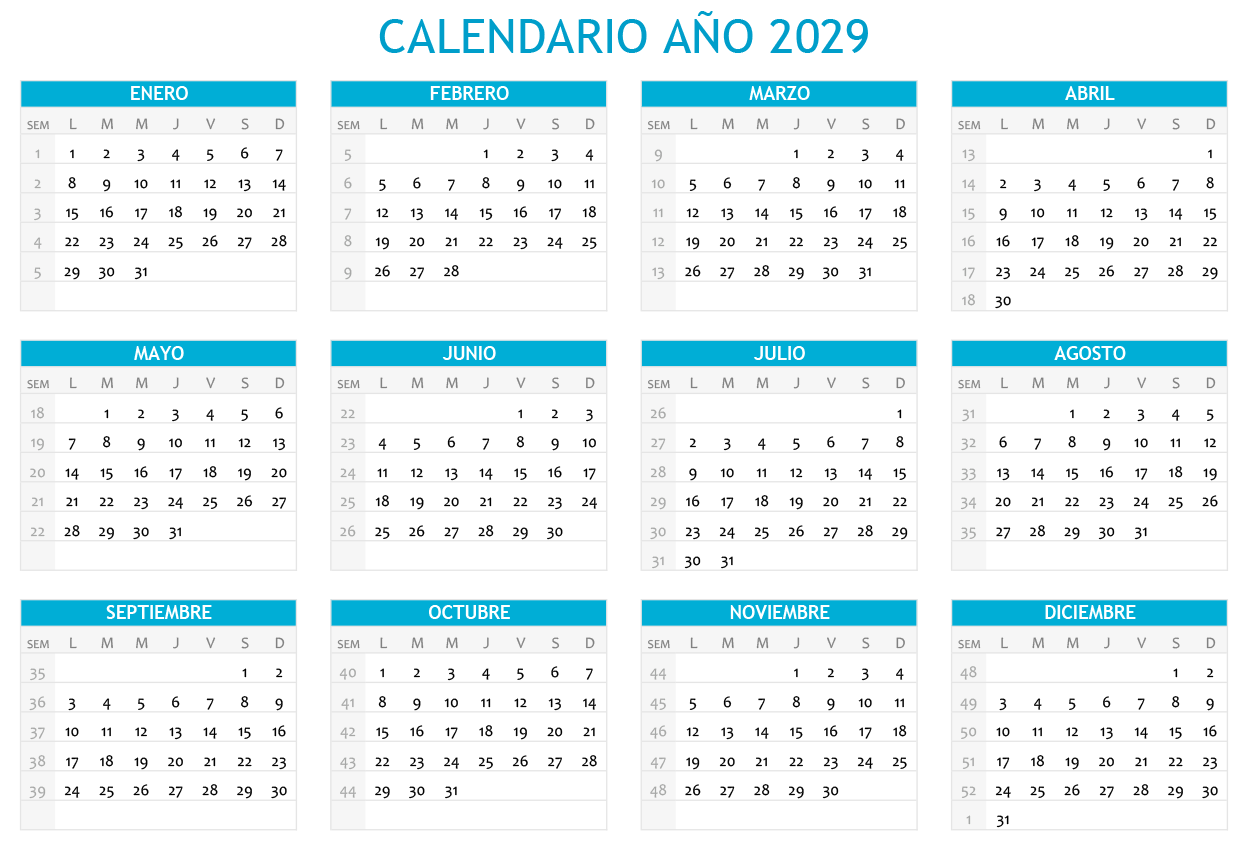 Calendario 2029 horizontal en una sola hoja para imprimir