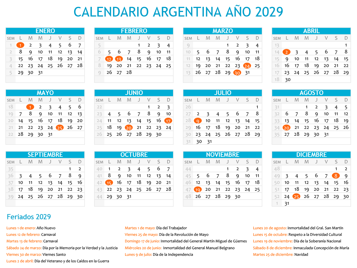 Calendario Argentina 2029 con feriados para imprimir
