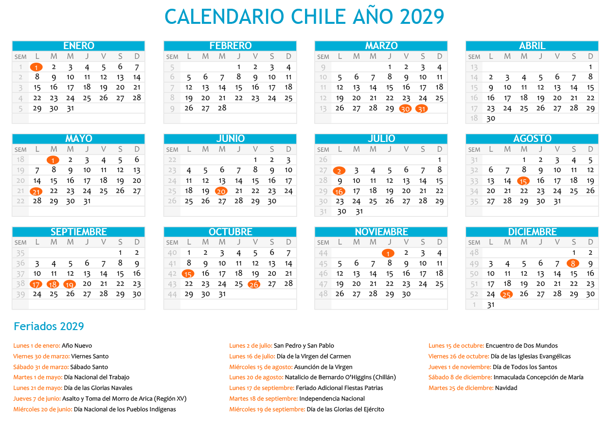 Calendario Chile 2029 con feriados para imprimir