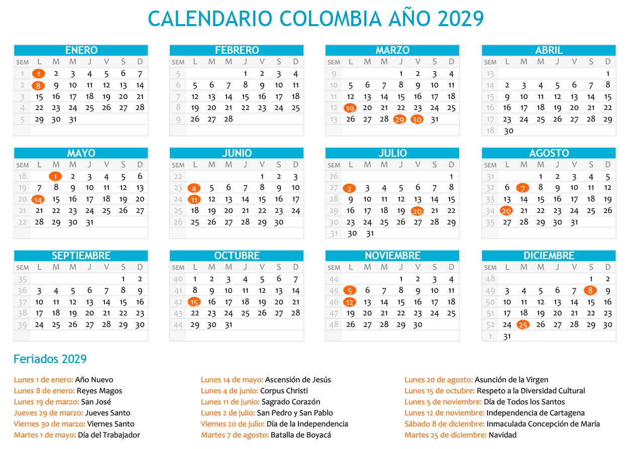 Calendario Colombia 2029 con feriados para imprimir