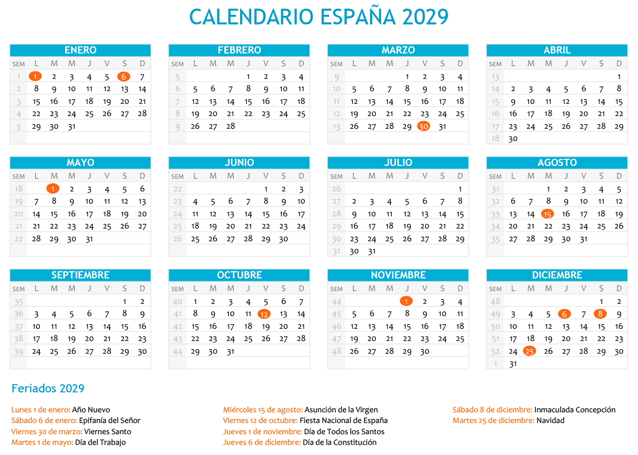Calendario España 2029 con festivos para imprimir