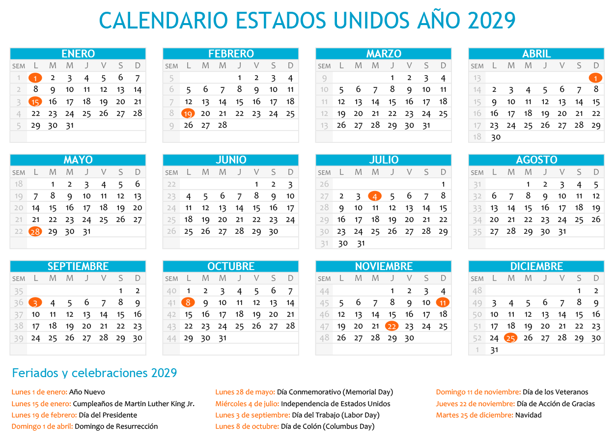Calendario Estados Unidos 2029 con días festivos para imprimir