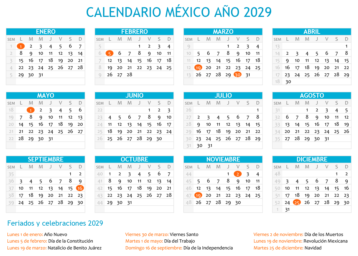 Calendario México 2029 horizontal en una sola hoja para imprimir Calendario México 2029 con días festivos para imprimir