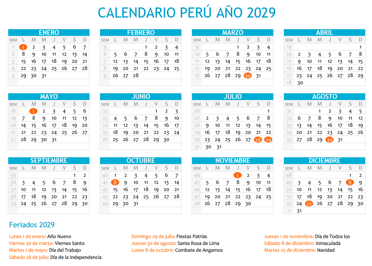 Calendario Perú 2029 horizontal en una sola hoja para imprimir Calendario Perú 2029 con feriados para imprimir