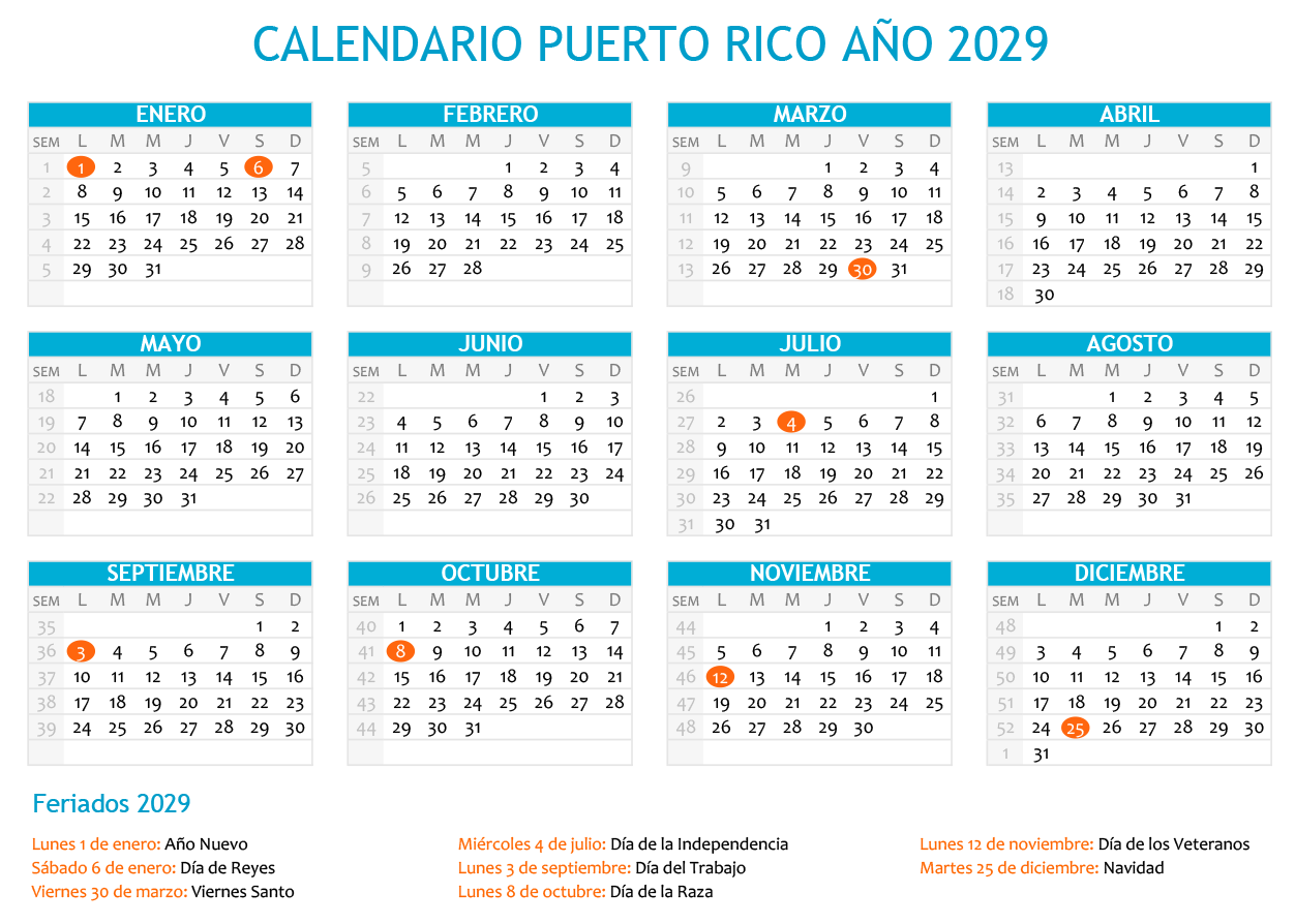 Calendario Puerto Rico 2029 con días festivos para imprimir