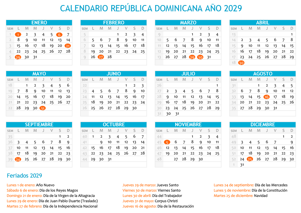 Calendario República Dominicana 2029 con días festivos para imprimir