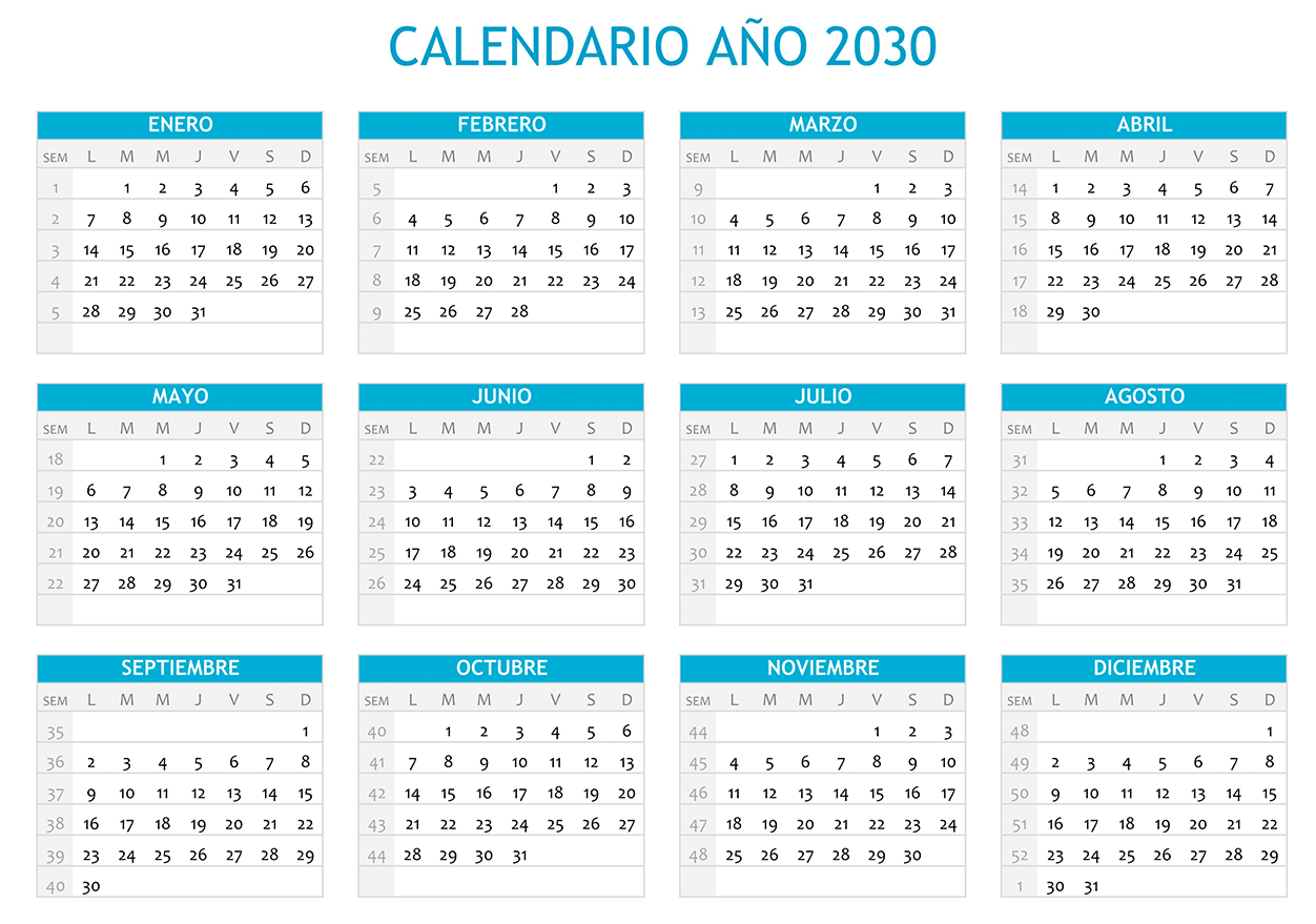 Calendario 2030 horizontal en una sola hoja para imprimir