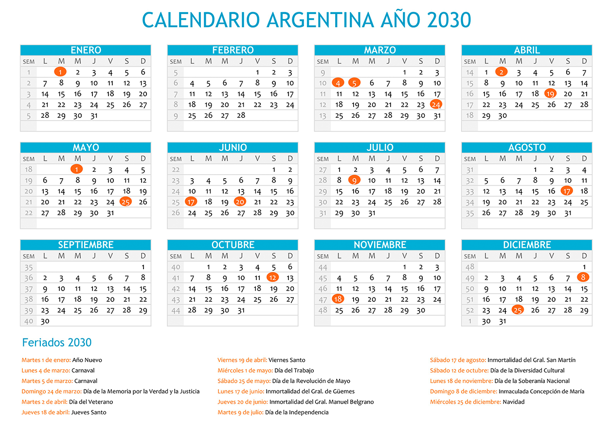 Calendario Argentina 2030 con feriados para imprimir