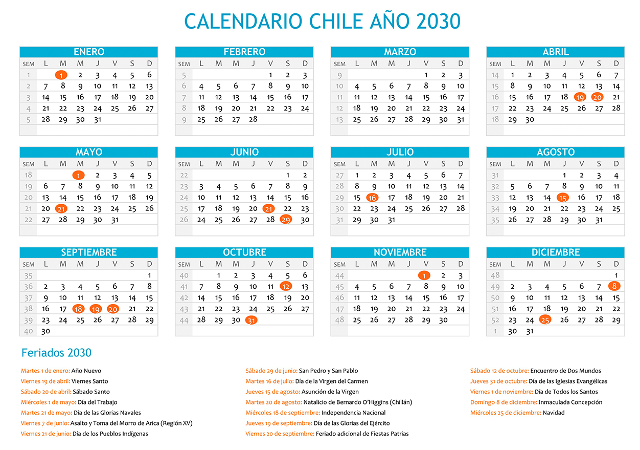 Calendario Chile 2030 horizontal en una sola hoja para imprimir Calendario Chile 2030 con feriados para imprimir