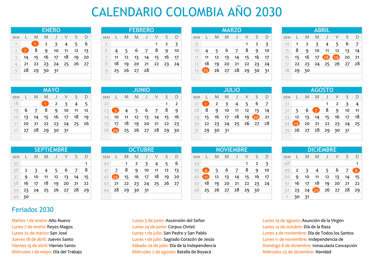 Calendario Colombia 2030 con feriados para imprimir