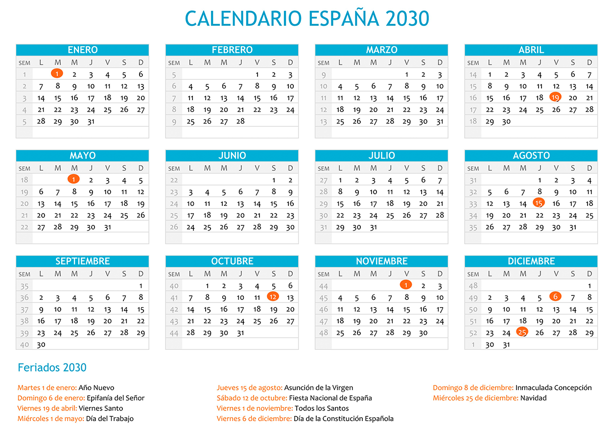 Calendario España 2030 horizontal en una sola hoja para imprimir Calendario España 2030 con festivos para imprimir