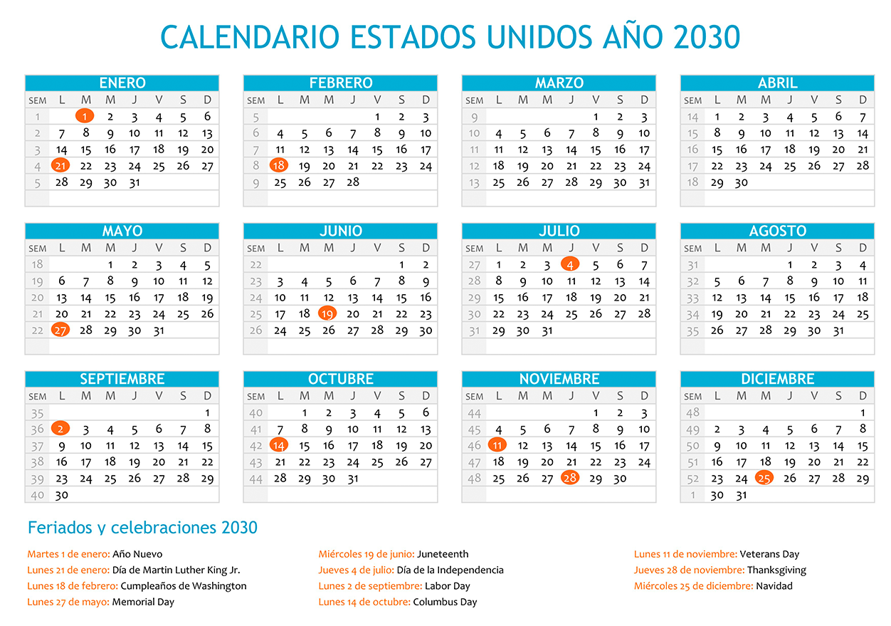 Calendario Estados Unidos 2030 con días festivos para imprimir