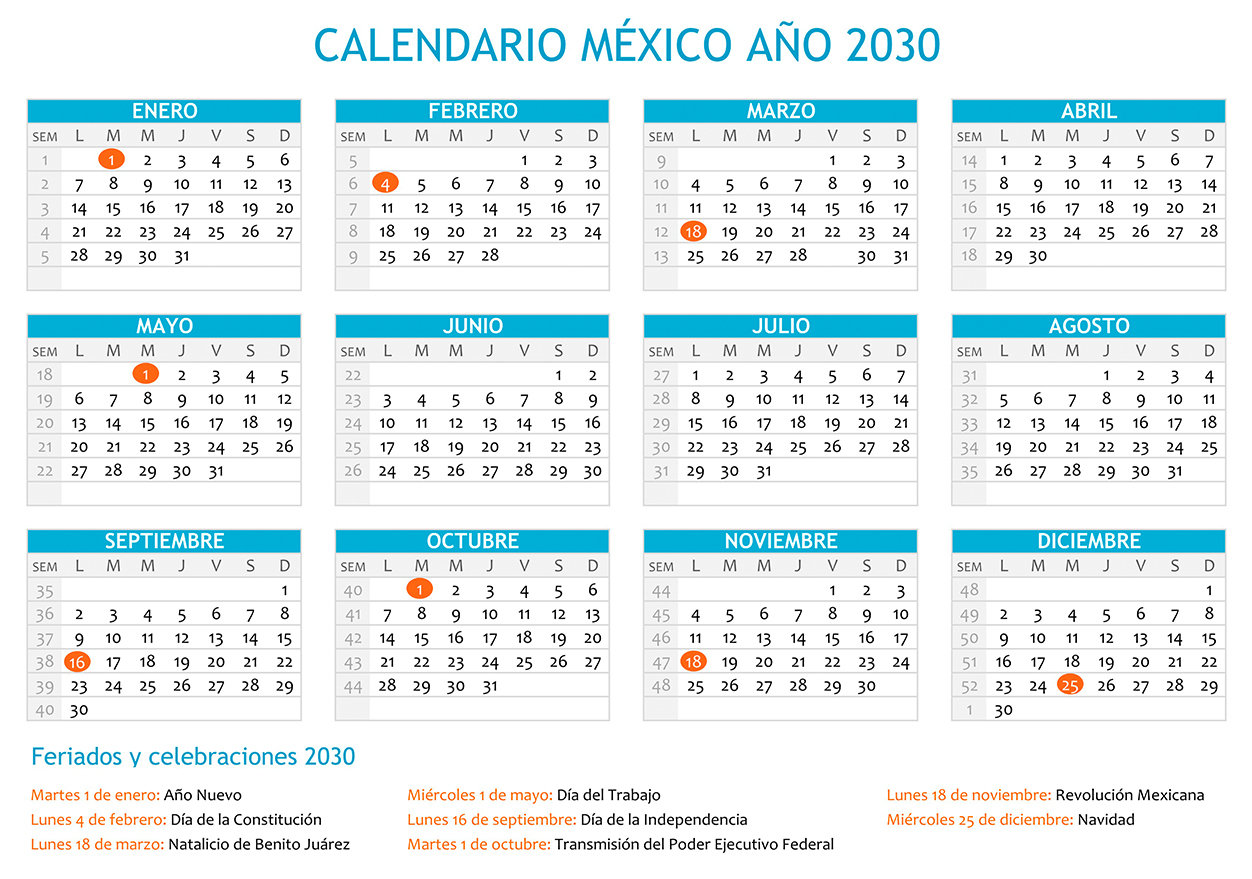 Calendario México 2030 horizontal en una sola hoja para imprimir Calendario México 2030 con días festivos para imprimir