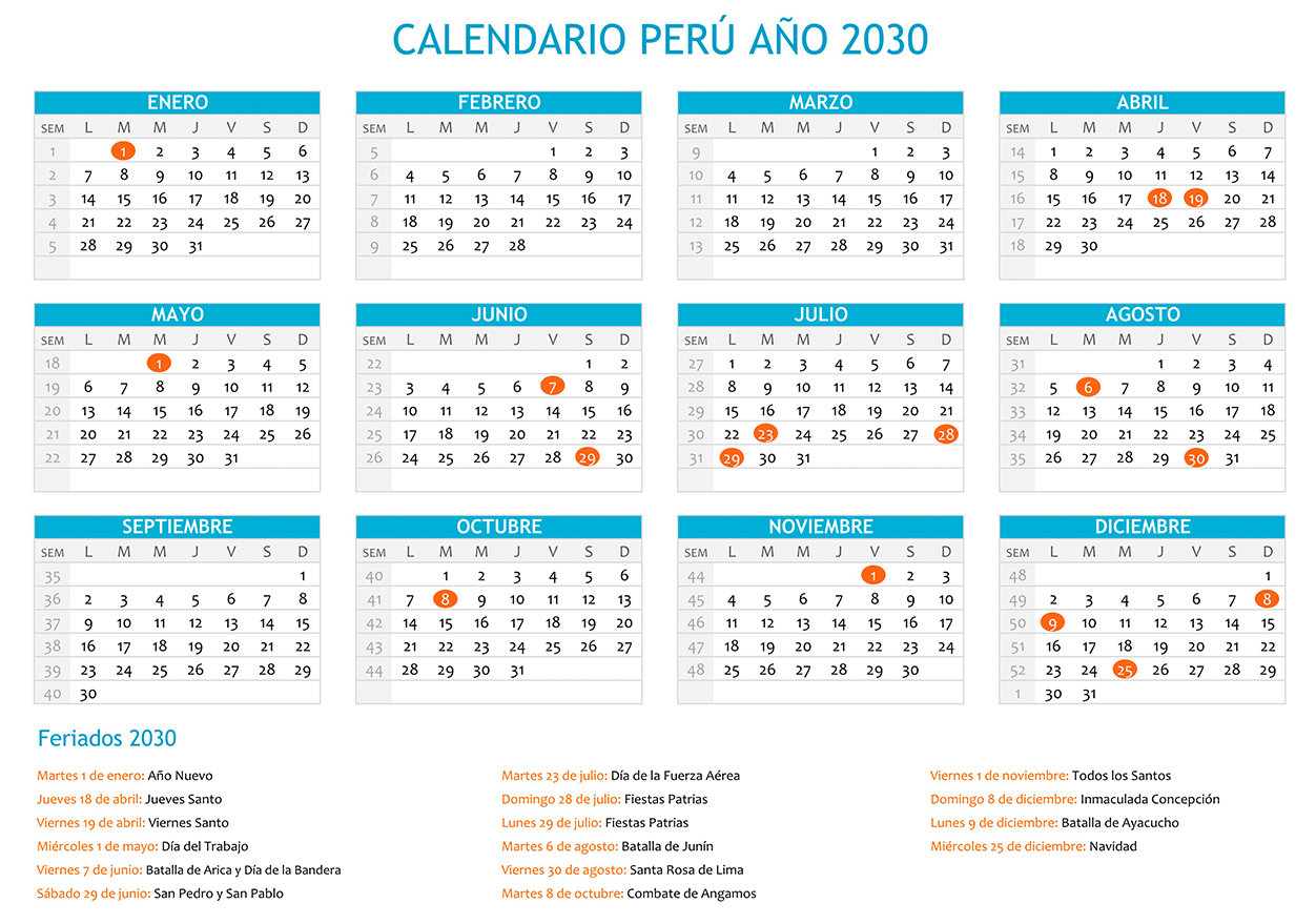 Calendario Perú 2030 horizontal en una sola hoja para imprimir Calendario Perú 2030 con feriados para imprimir