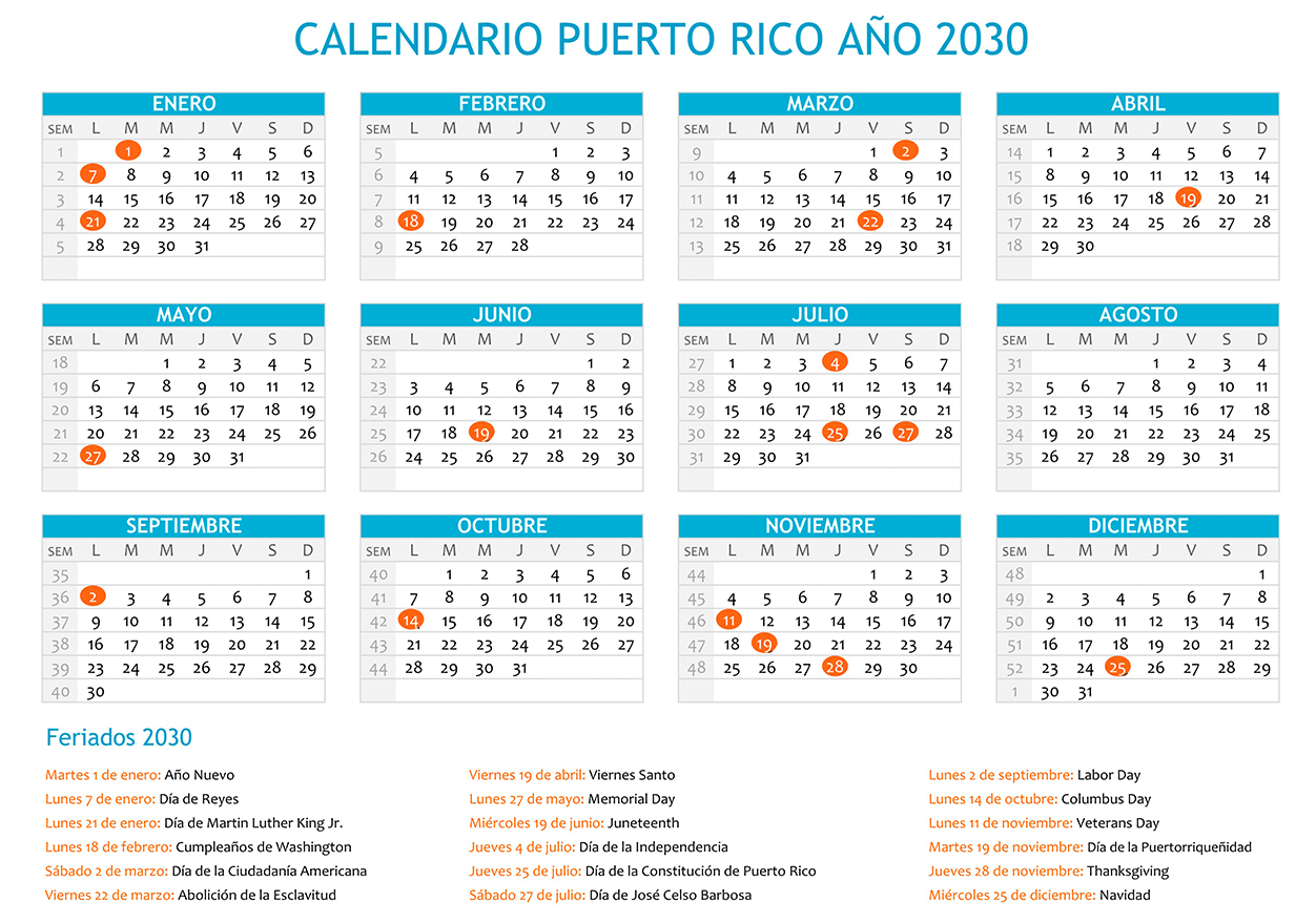 Calendario Puerto Rico 2030 con días festivos para imprimir