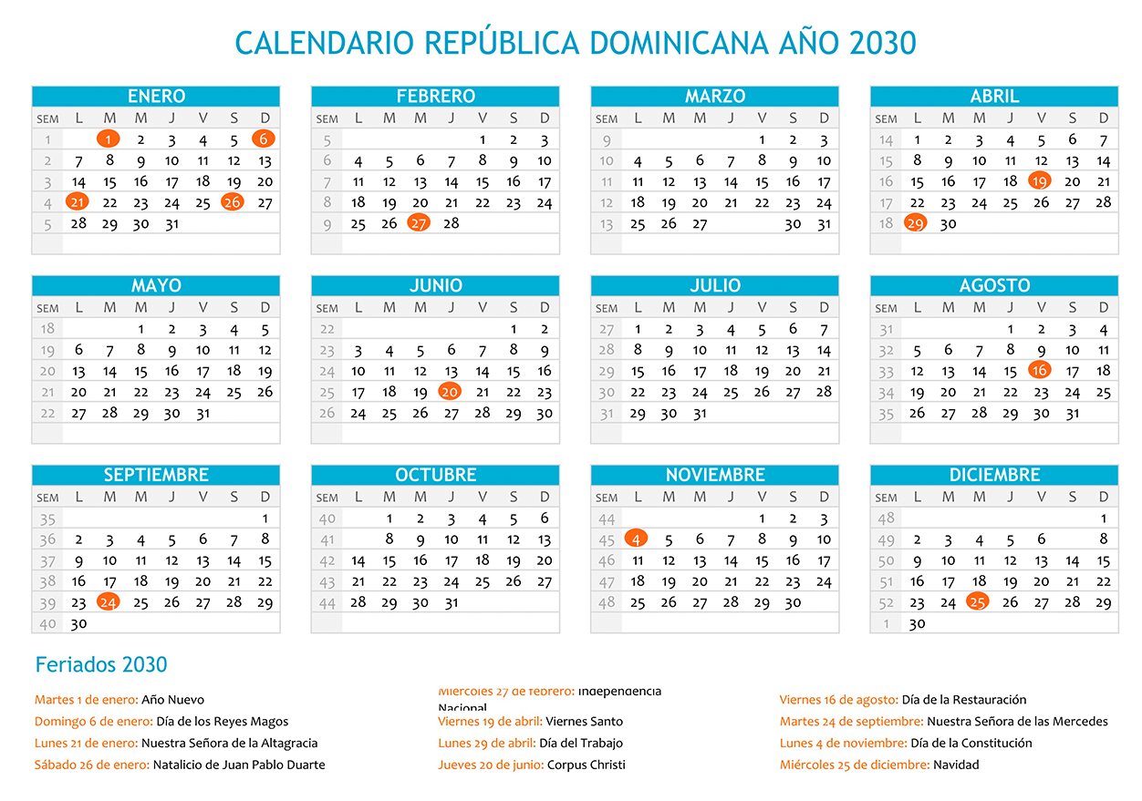Calendario República Dominicana 2030 con días festivos para imprimir