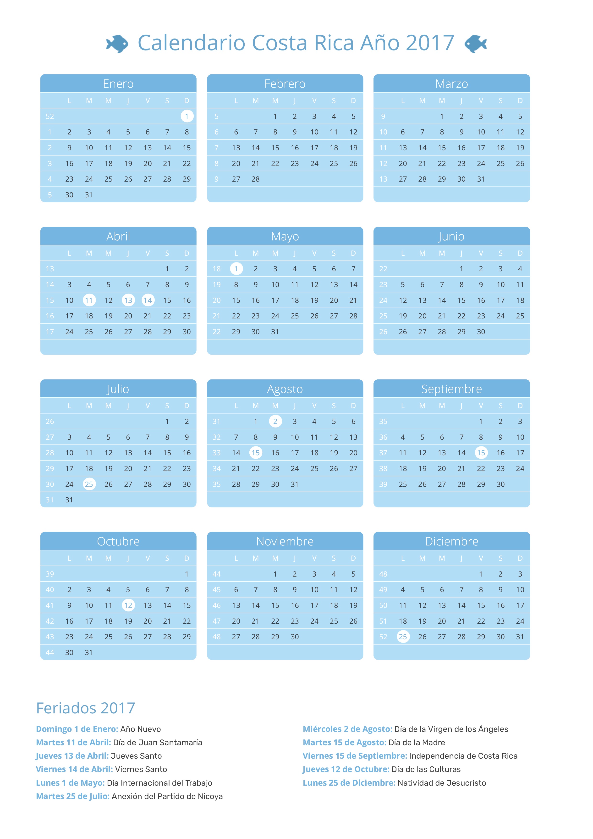 Calendario de Costa Rica Año 2017 | Días Festivos| Feriados