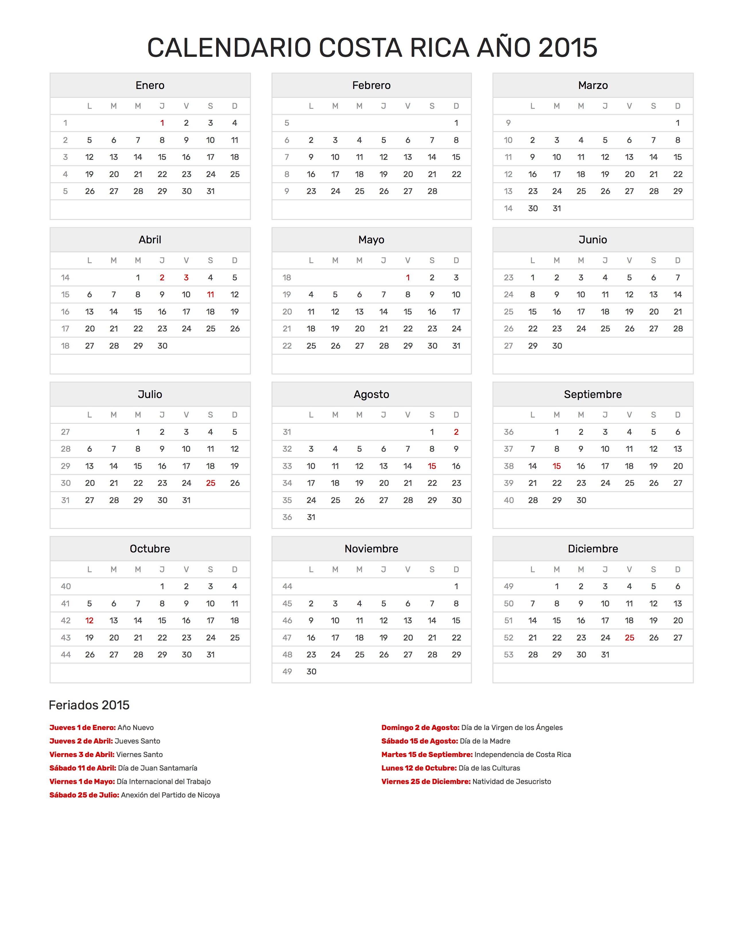 CALENDARIO 2020 CON FERIADOS COSTA RICA - Calendario 2019