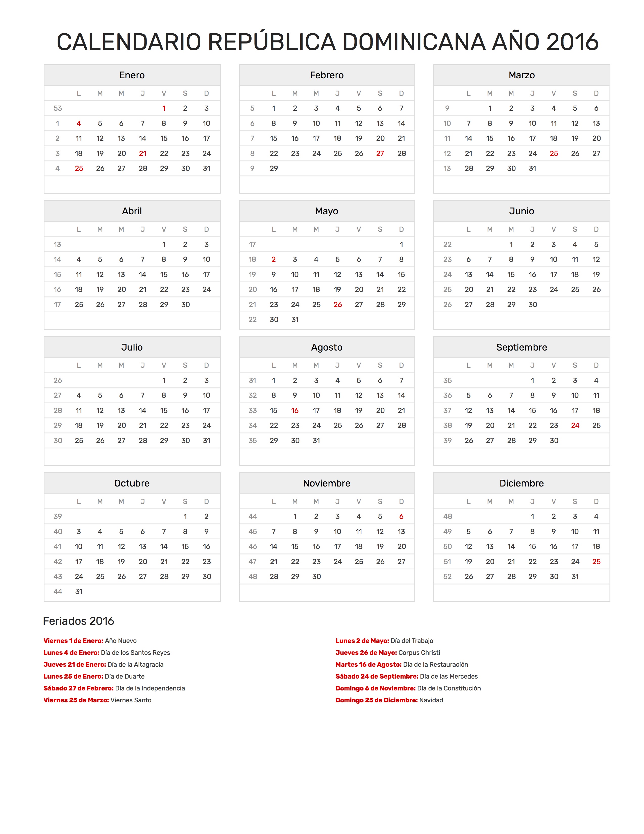 Calendario República Dominicana Año 2016 Feriados