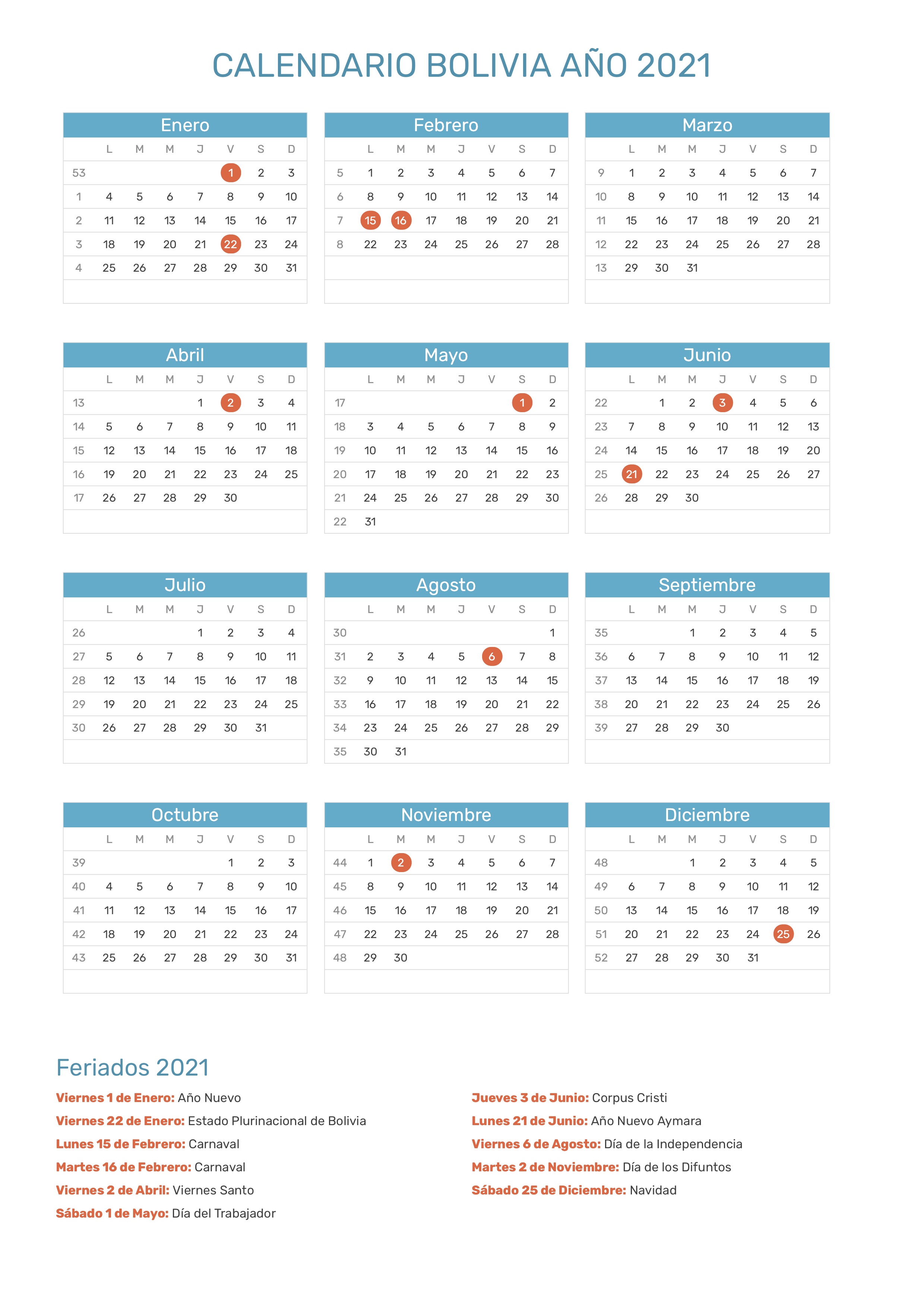 Calendario de Bolivia año 2021 | Feriados
