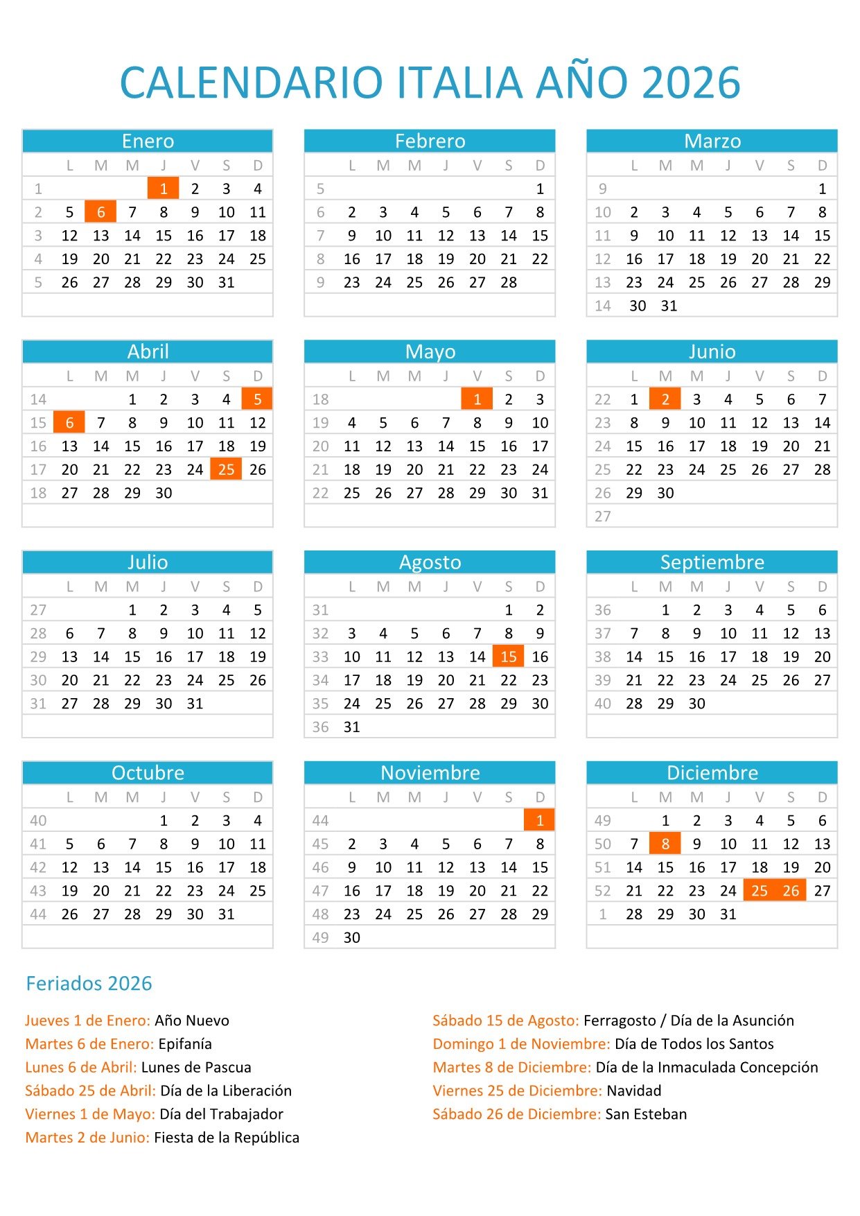 Calendario Italia 2026 Para Imprimir PDF Con Festivos Oficiales Calendario Italia 2026 Para Imprimir PDF Con Festivos Oficiales