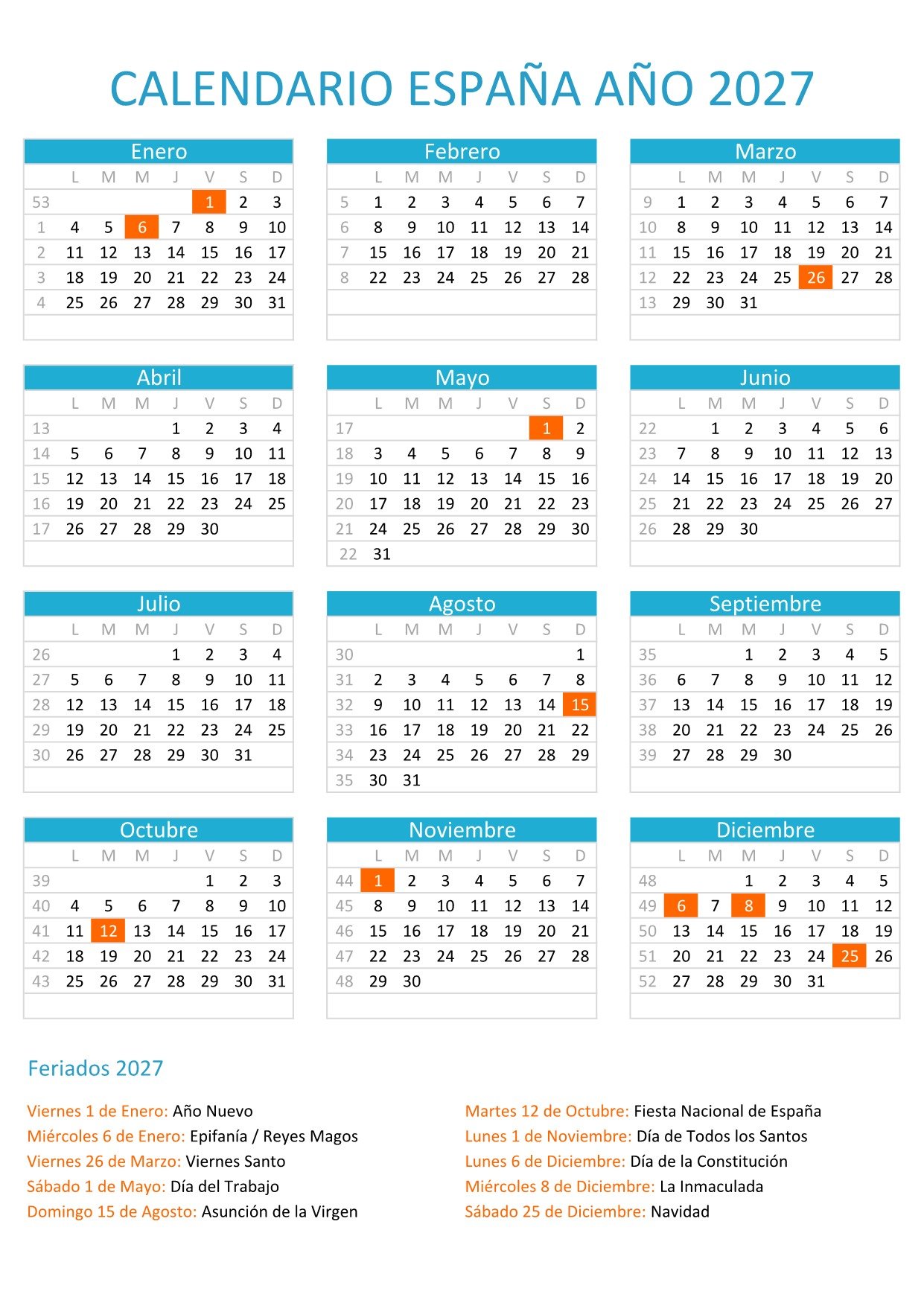 Calendario Espa a 2027 Con Festivos Nacionales Para Imprimir PDF Y 